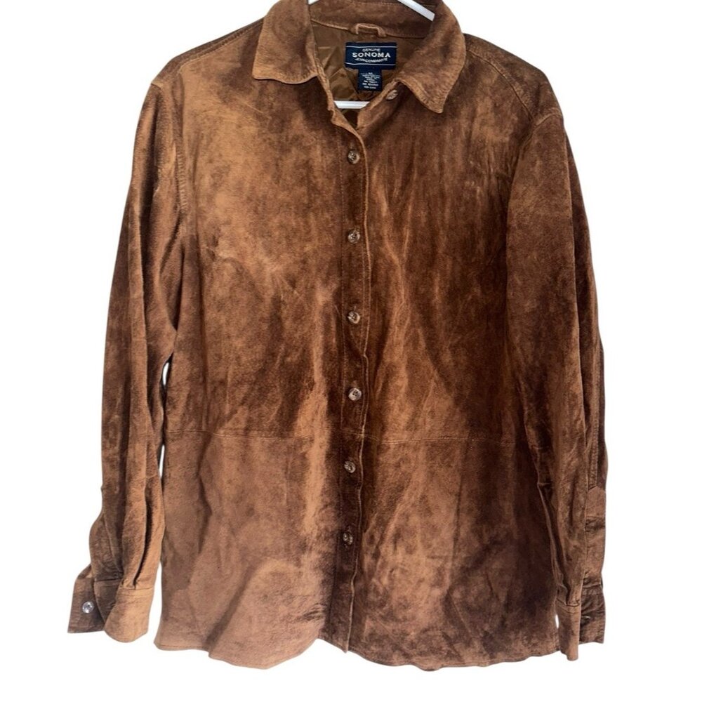 Sonoma Shirt Womens Large Brown Leather Button Up Long Sleeve